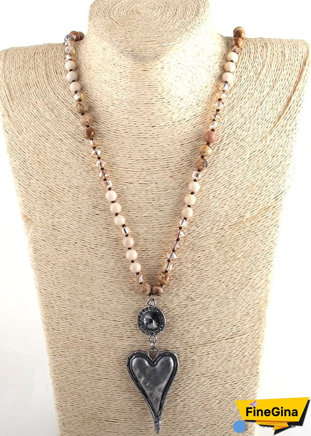 Boho Necklace, RH Amazonite Jasper, Heart Brown Natural Stone