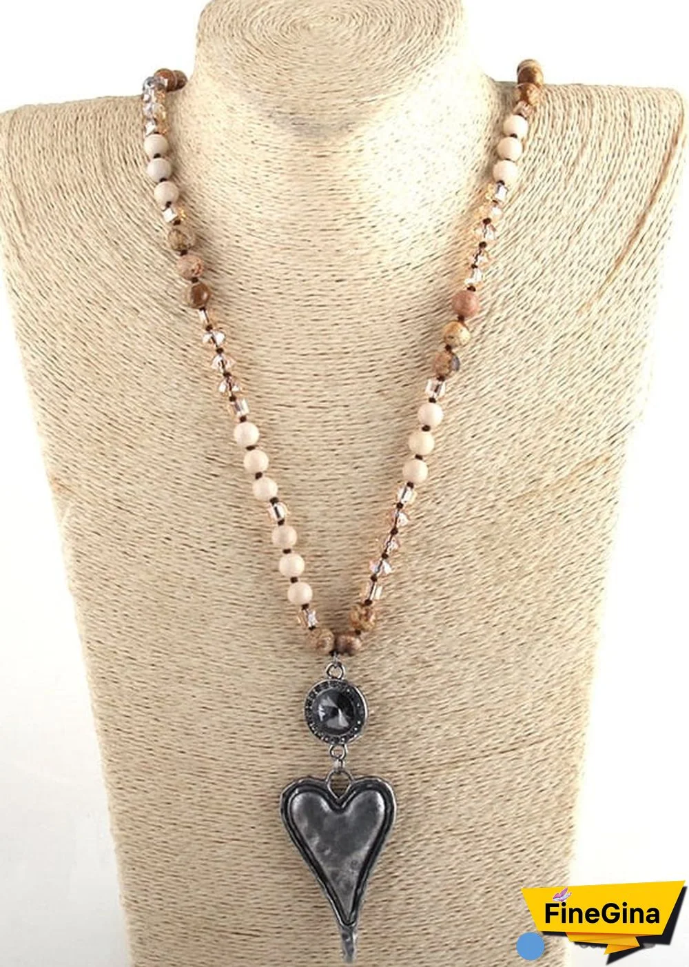 Boho Necklace, RH Amazonite Jasper, Heart Brown Natural Stone