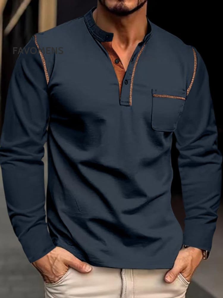 Men’s Stand Collar Long Sleeve Polo Shirt For Men Top Blue / S