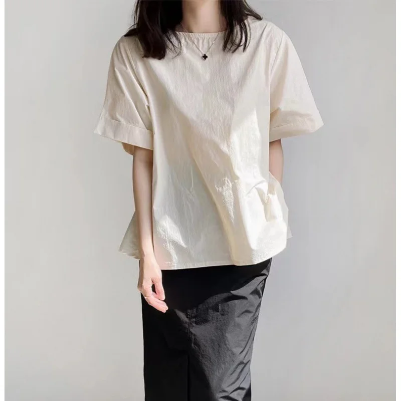 Uveng Uveng And South Korea 2024 Summer New Short-Sleeved Collar Loose T-Shirt Women's Solid Color Jacket Comfortable Simple Shirt
