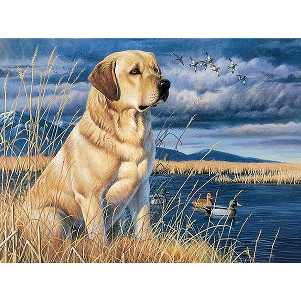 

60*45CM - Round Drill Diamond Painting - Riverside Dog (Big Size), 501 Original
