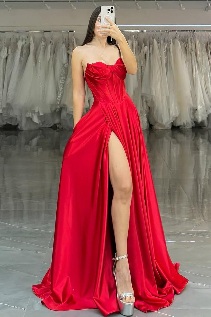 Simple Red Satin Sweetheart Sleeveless Strapless Pleated Prom Dress with Split | MS0332 