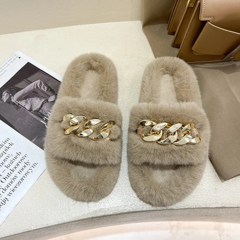 Summer Fluffy Women slippers Gold Chain Fur slippers Shoes Women Fox Fur Flip Flop Flat Furry Fur Slides Outdoor Sandals Woman