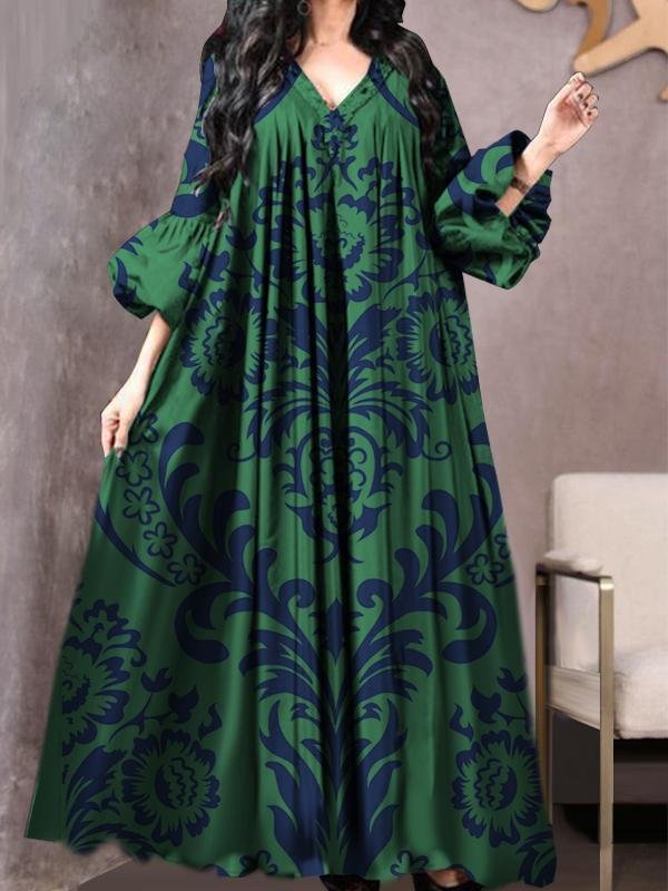 blue&green pattern v neck puff long sleeve baggy dress فساتين