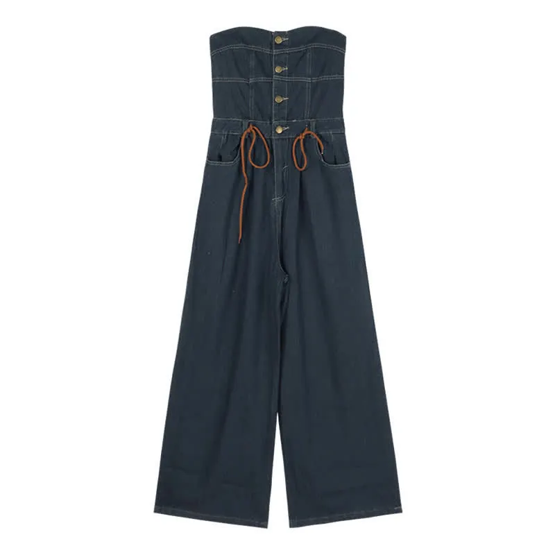 Pure Color Knit Cardigan Off The Shoulder Lace Up Denim Overalls