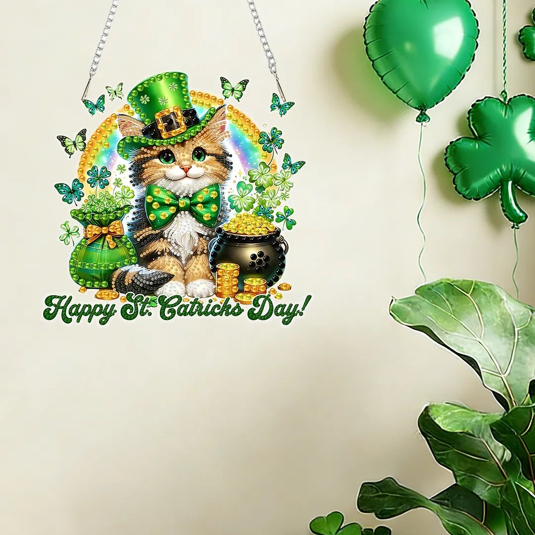 St Patricks Day Cat DIY 2D Flat Acrylic Diamond Painting Kits 5D Diamond Art Painting Window Pendants for Home Garden Wall Decoration