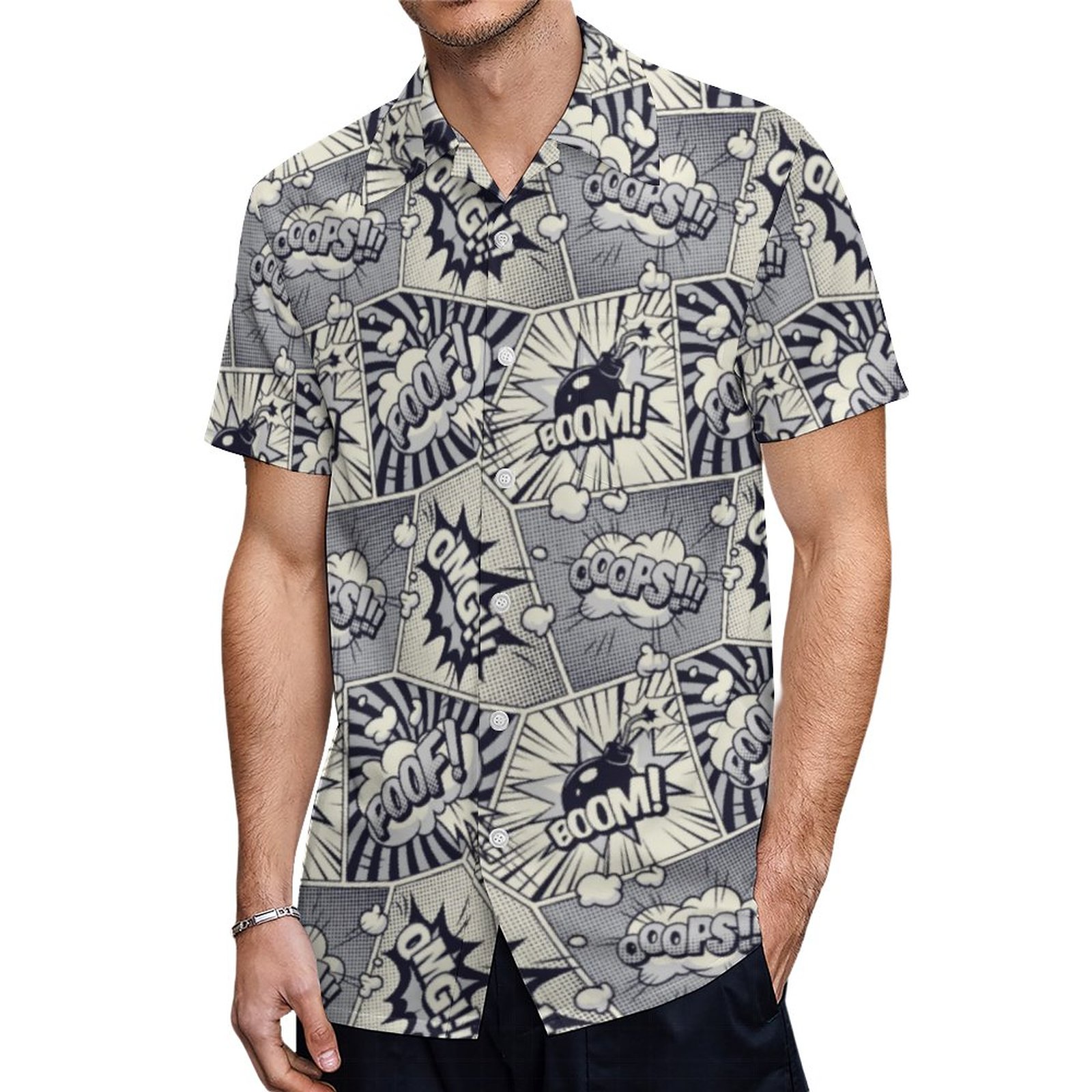 Fun Humor Comic Cartoon Speech Balloons Graphic Hawaiian Shirt Mens Button Down Tropical Hawaii Beach Shirts