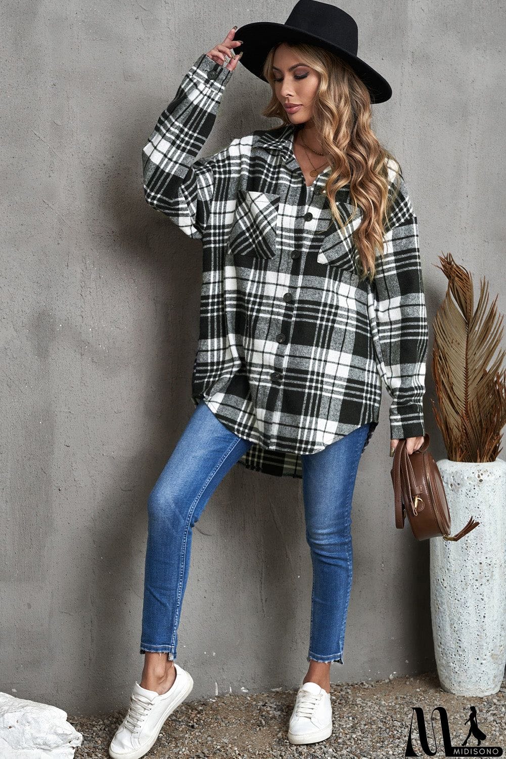 MidiSono - Plaid Boyfriend Shirt Coat