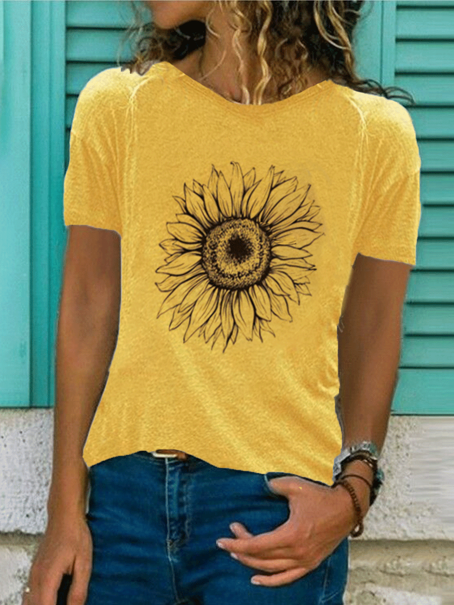 Sunflower Printed Crew Neck Short Sleeve T-shirt