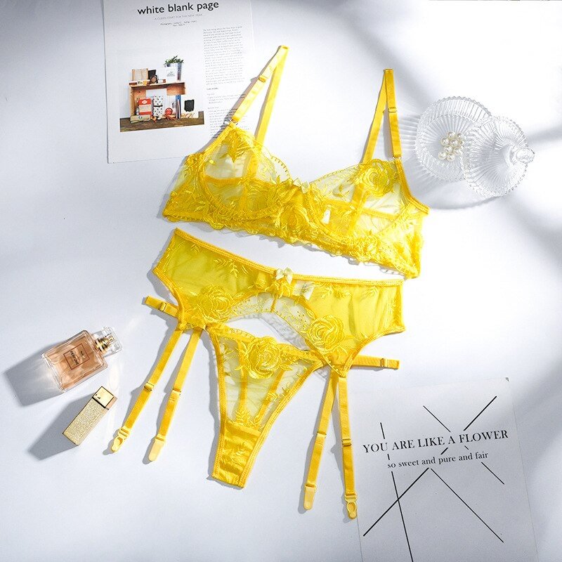 MIRABELLE Erotic Lingerie Woman 3-Piece Transparent Set Fancy Embroidery Underwear Brief Set Sexy Lace Bra And Thong Garters Set