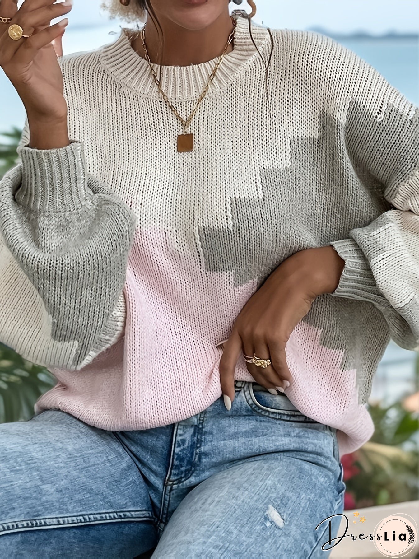 Color Block Crew Neck Sweater, Casual Long Sleeve Drop Shoulder Sweater, Women's Clothing