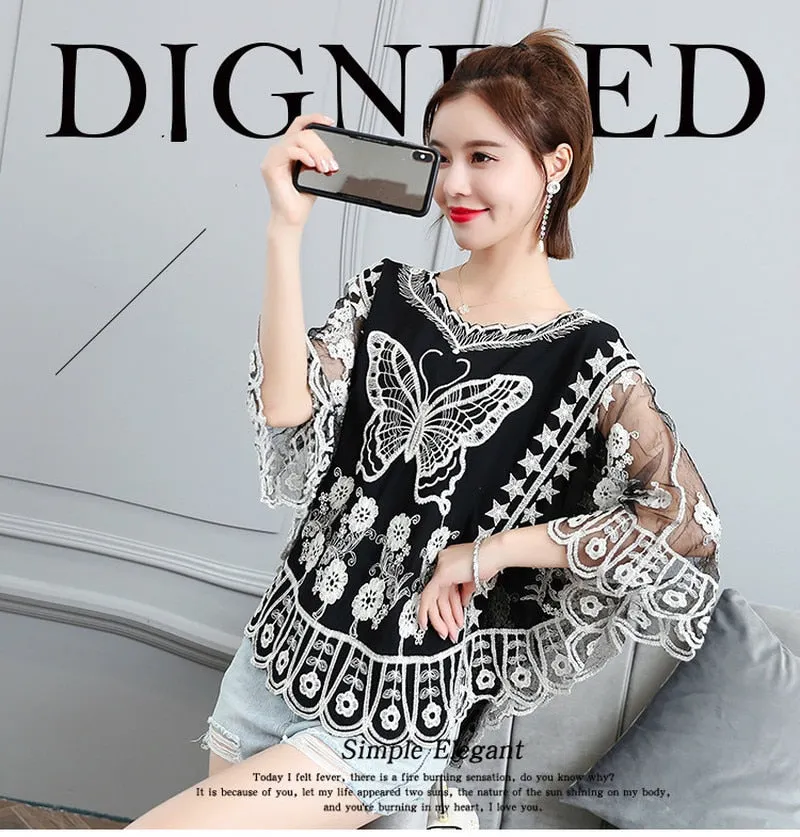 Womens Tops and Blouses WomenThree Quarter Shirts White Blouse Women Shirts Lace Shirt Sunscreen Shirt Outside Blouse 4014