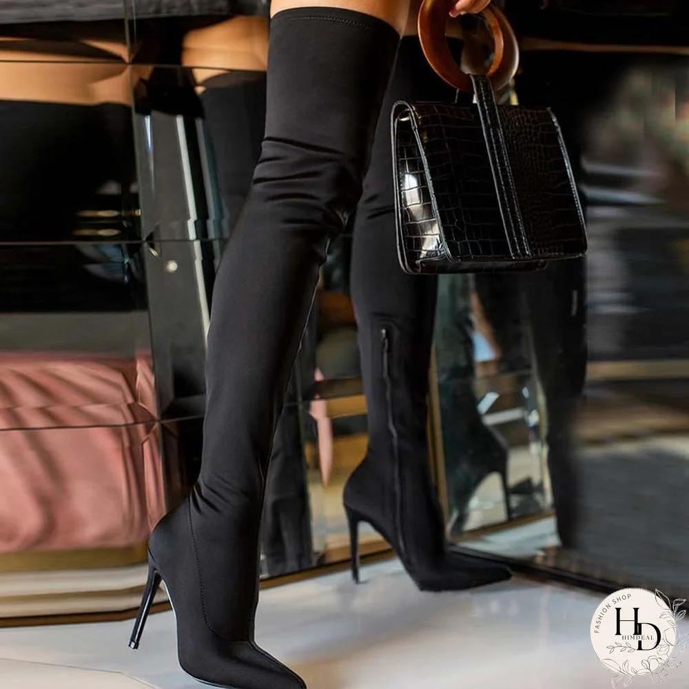 Black Fashion Solid Color Pointed Keep Warm Stiletto High Boots