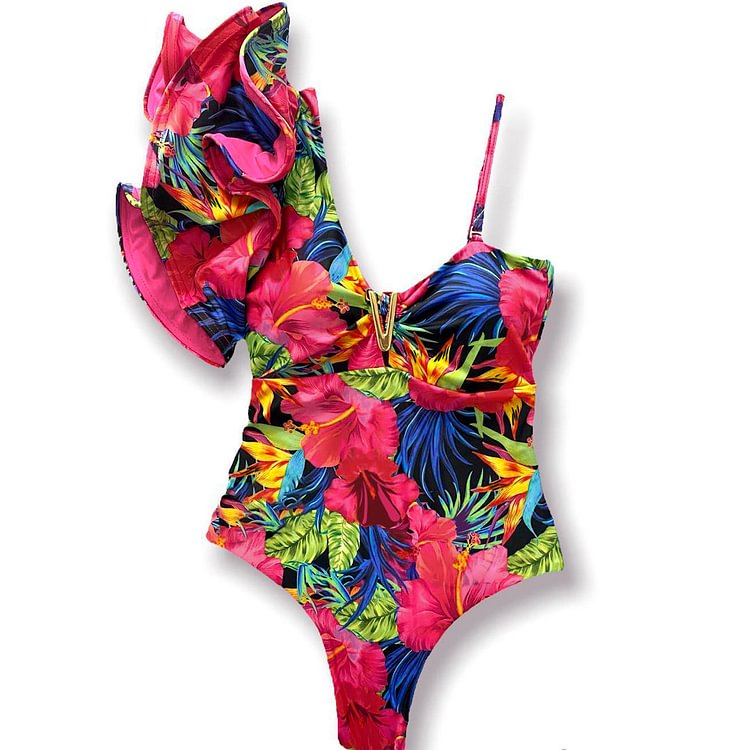 Flaxmaker Ruffle Sling Jungle Printed Sexy One Piece Swimsuit
