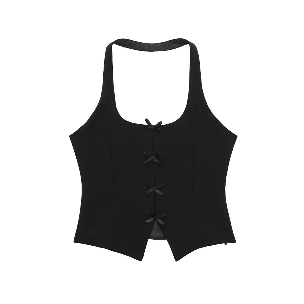 Woherb ZRN-Women's Front Bow Ties Halter Neck Tank Tops, Sexy Backless, Side Zipper, Female Waistcoat, Chic Tops, Fashion