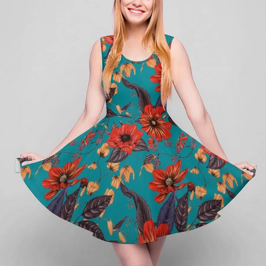 Rustic Red And Teal Floral Crewneck A-line Skater Dress, Sleeveless Henley  Dress