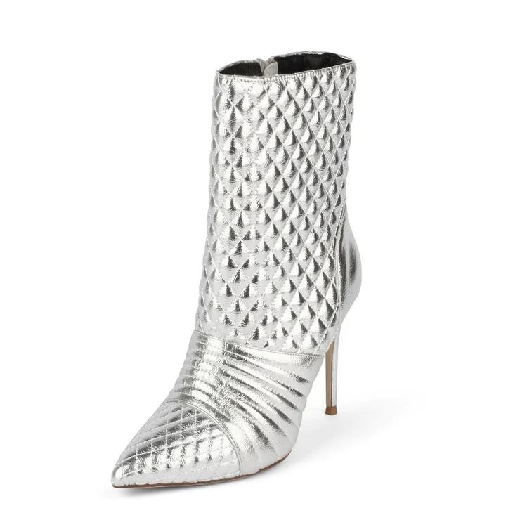 Metallic Silver Stiletto Heel Pointed Toe Ankle Boots |FSJ Shoes