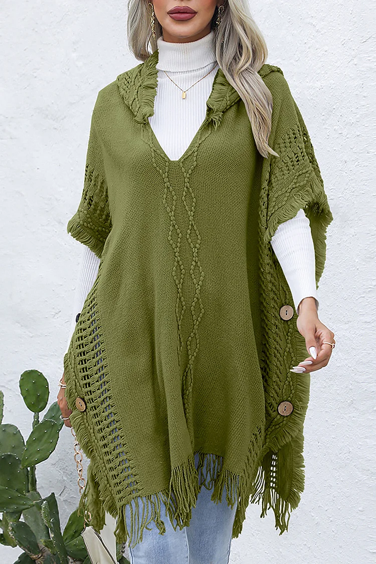 Plus Size Casual Sweater V Neck Hooded Tassel Vest Cloak Loose Hoodies Sweater