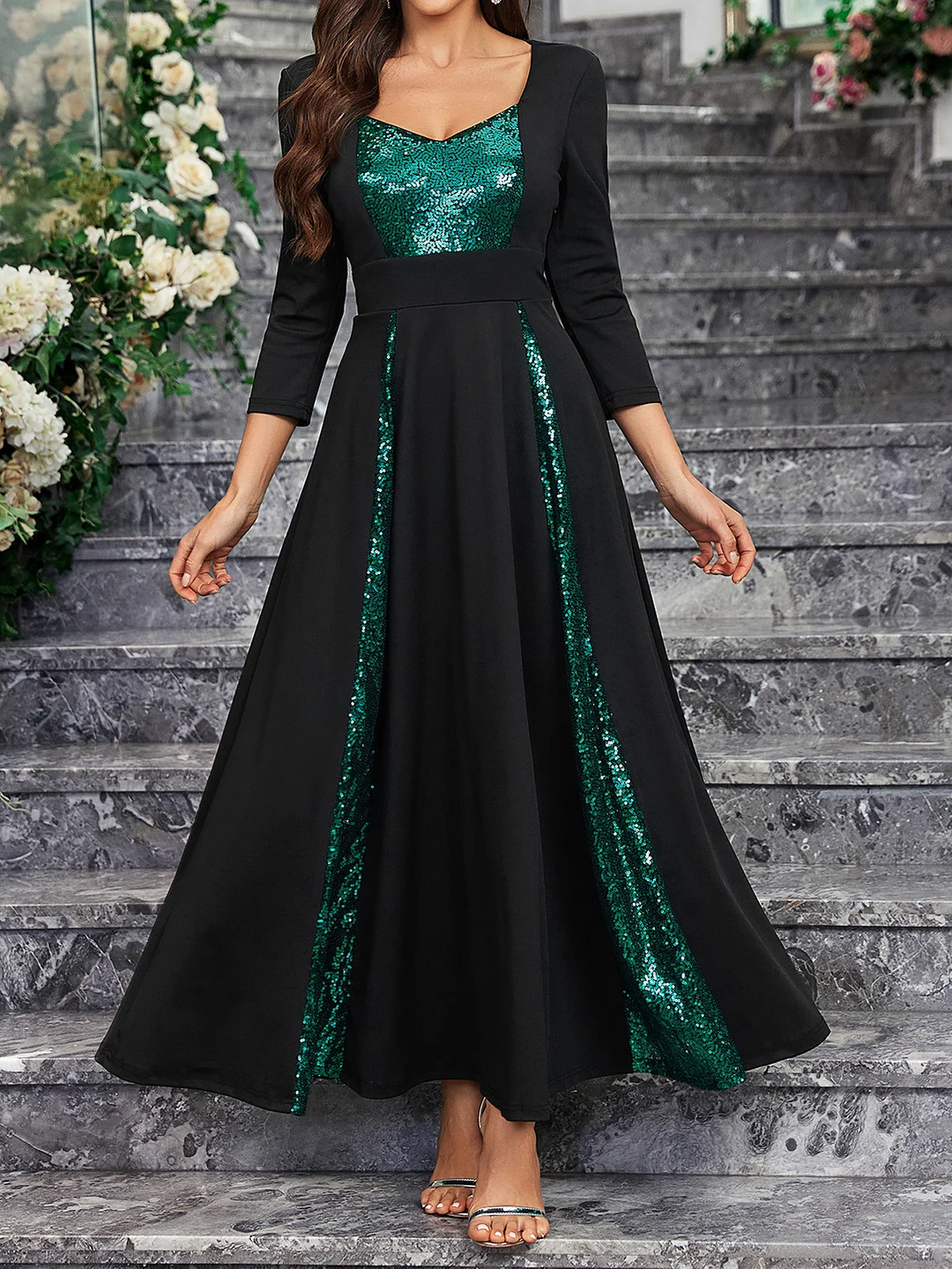 Athvotar Solid-Colored Small V-Necked Brightlied Elegant Long-Sleeved A-Character Ladies Dress