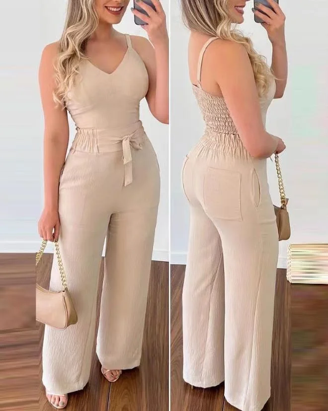 Brownm Brownm Summer Sexy Short Vest Bare Back Strap V-Neck Rope High Waist Straight Pants Casual Suit