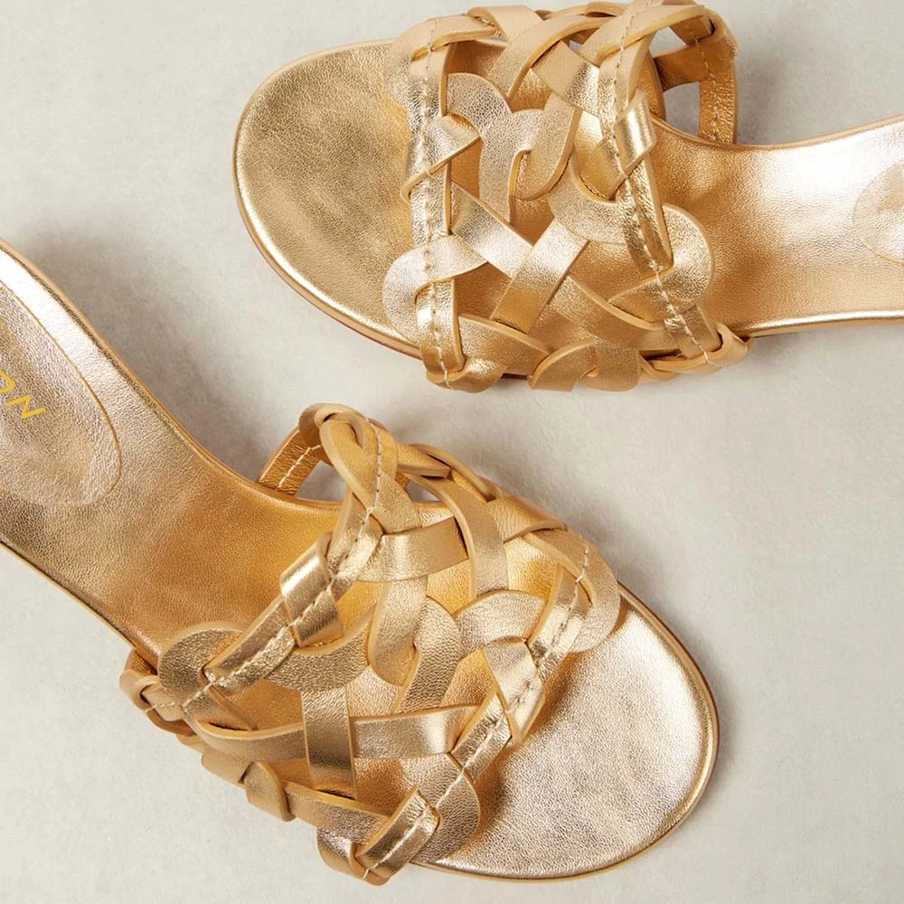 Gold Metallic Finish Open Toe Block Heel Woven Mules Sandals