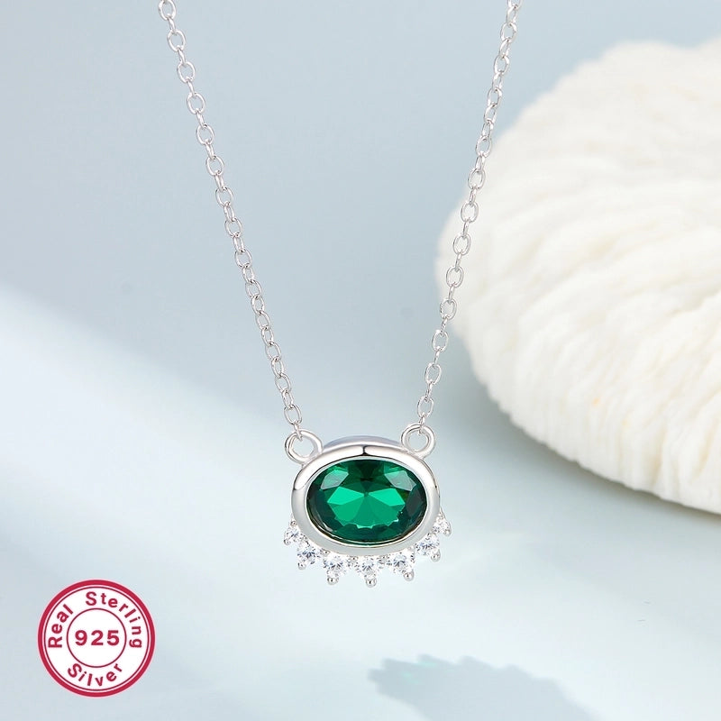 925 Sterling Silver Long-Lasting Plated Zircon Plating Inlay Geometric Oval Pendant Necklace