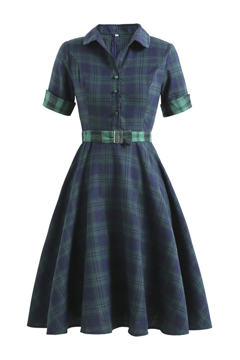 1950s Green Formal Plaid Turndown Collar Pleated Midi Dress (With Belt)