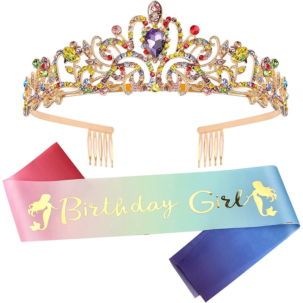 Princess Birthday Accessory Set - Crown,  Sash & Mermaid Shoulder Belt for Girls