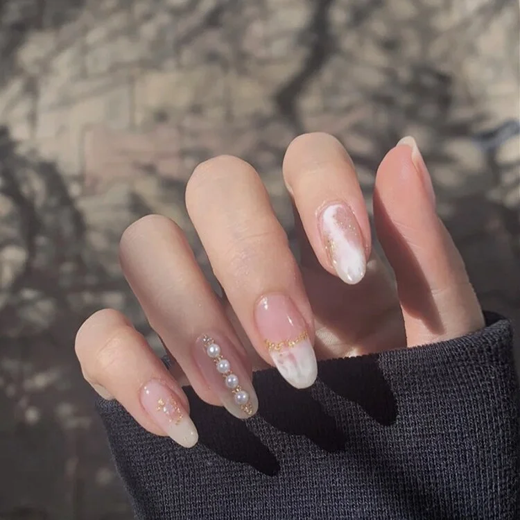 Fairy nail art Pearl decoration Wearable False Nails with glue 24pcs per box with wear tools-Nail Inspo