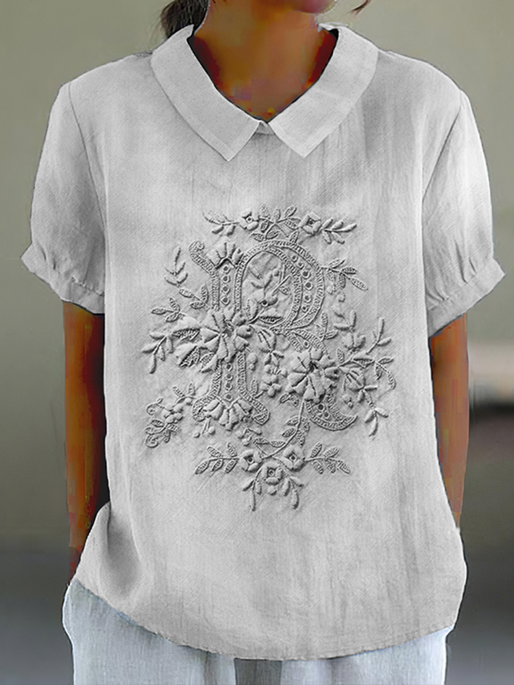 Comstylish Floral Embroidered Lace Print Short Sleeve Linen Blend Blouse