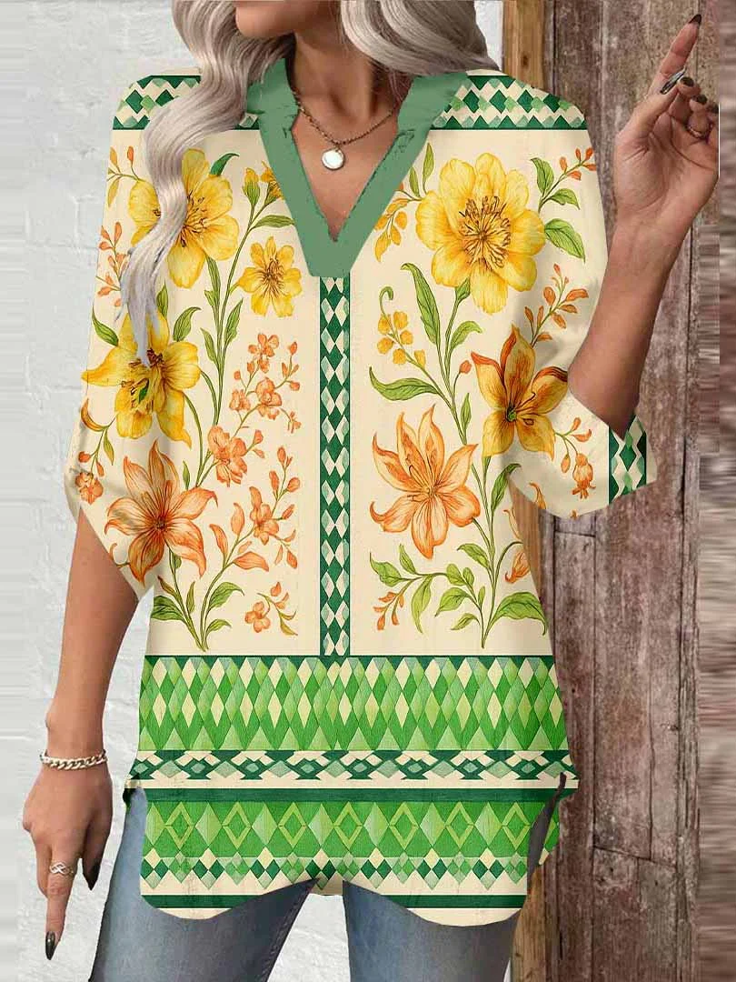 Women Tropical, Floral, Green DZGA0073 3/4 Sleeve V-neck Printed Graphic Button Tops