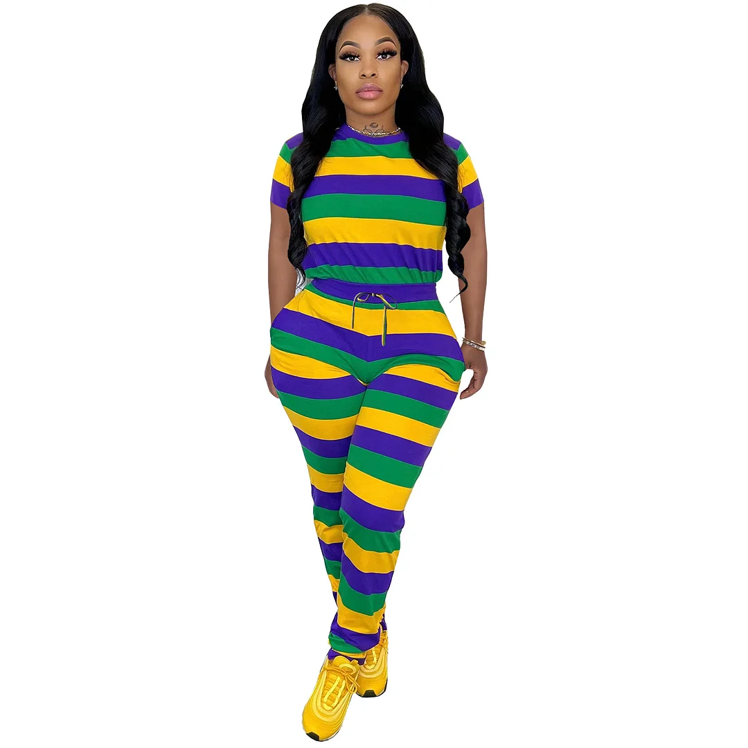 Colour Casual Striped Print Patchwork U Neck Straight Jumpsuits | EGEMISS