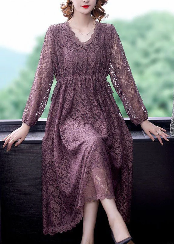 Fashion Purple V Neck Cinched Lace Holiday Dress Spring