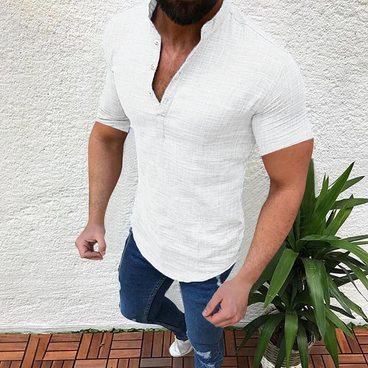 BrosWear Henley Collar Solid Color Short Sleeve Slim Shirt