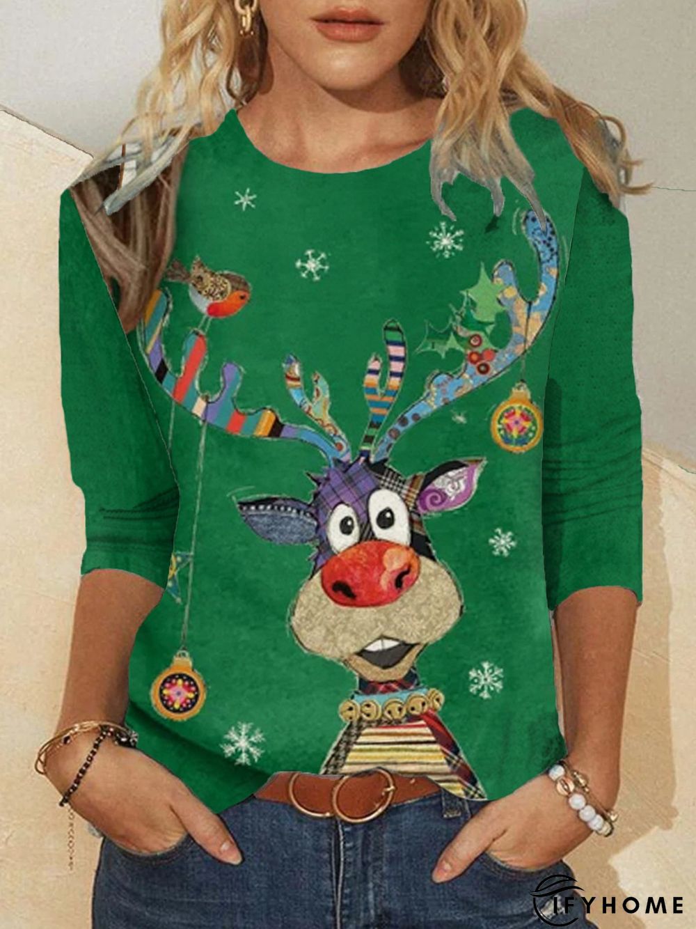 Christmas Xmas Long Sleeve Round Neck Plus Size Printed Top T-shirt | IFYHOME