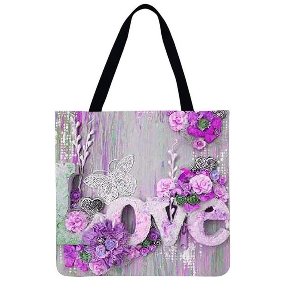 Linen Tote Bag-Flower letters