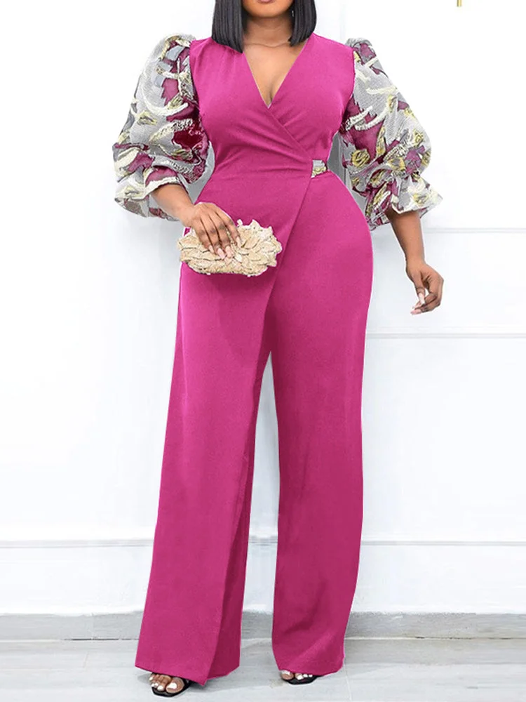 Print Patchwork Knotted Puff Sleeve Zip V Neck Jumpsuit SKUJ17205 QueenFunky