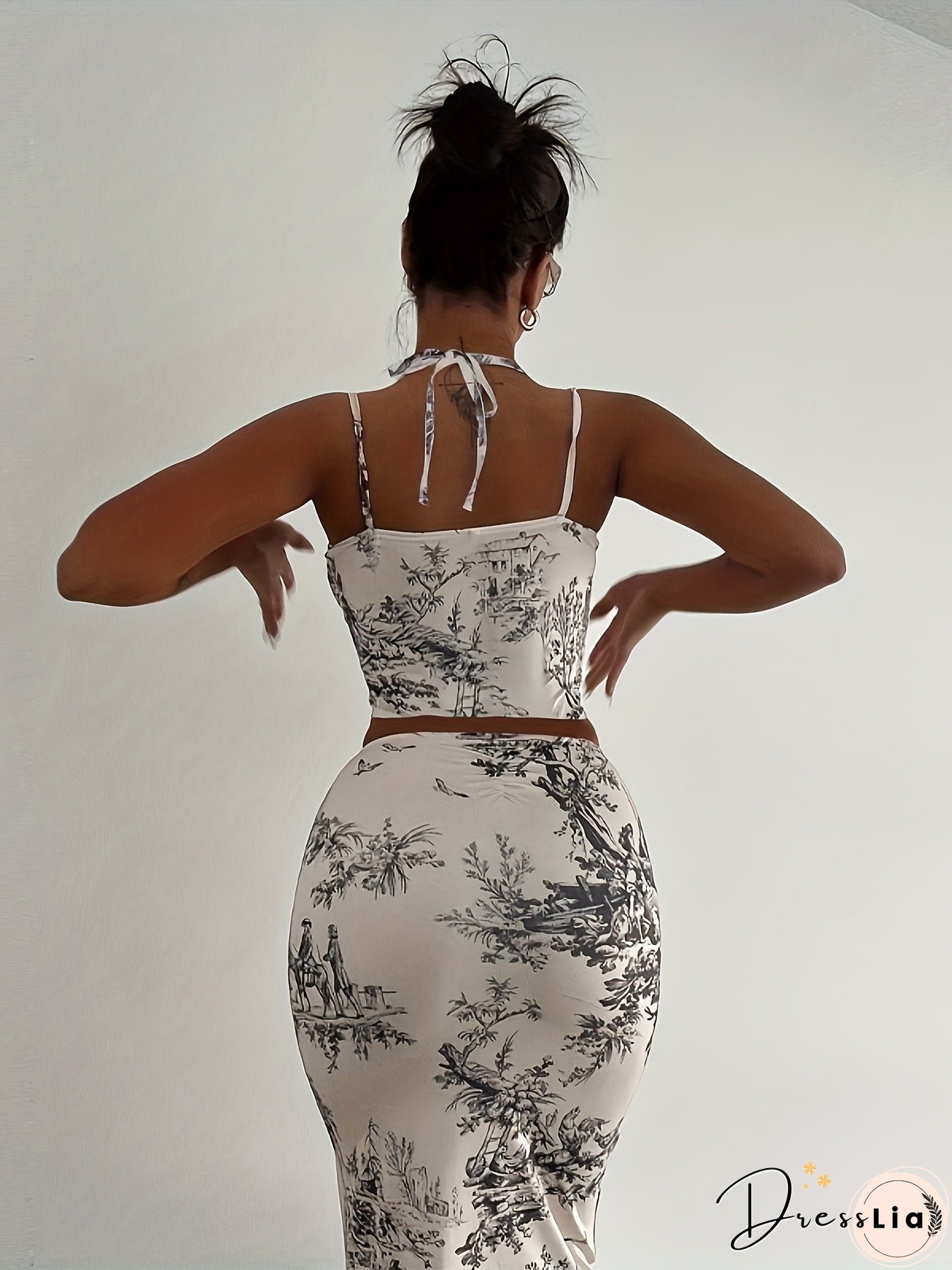 Graphic Print Matching Two-piece Set, Sexy Sleeveless Top & Bodycon Skirt Outfits, Women's Clothing