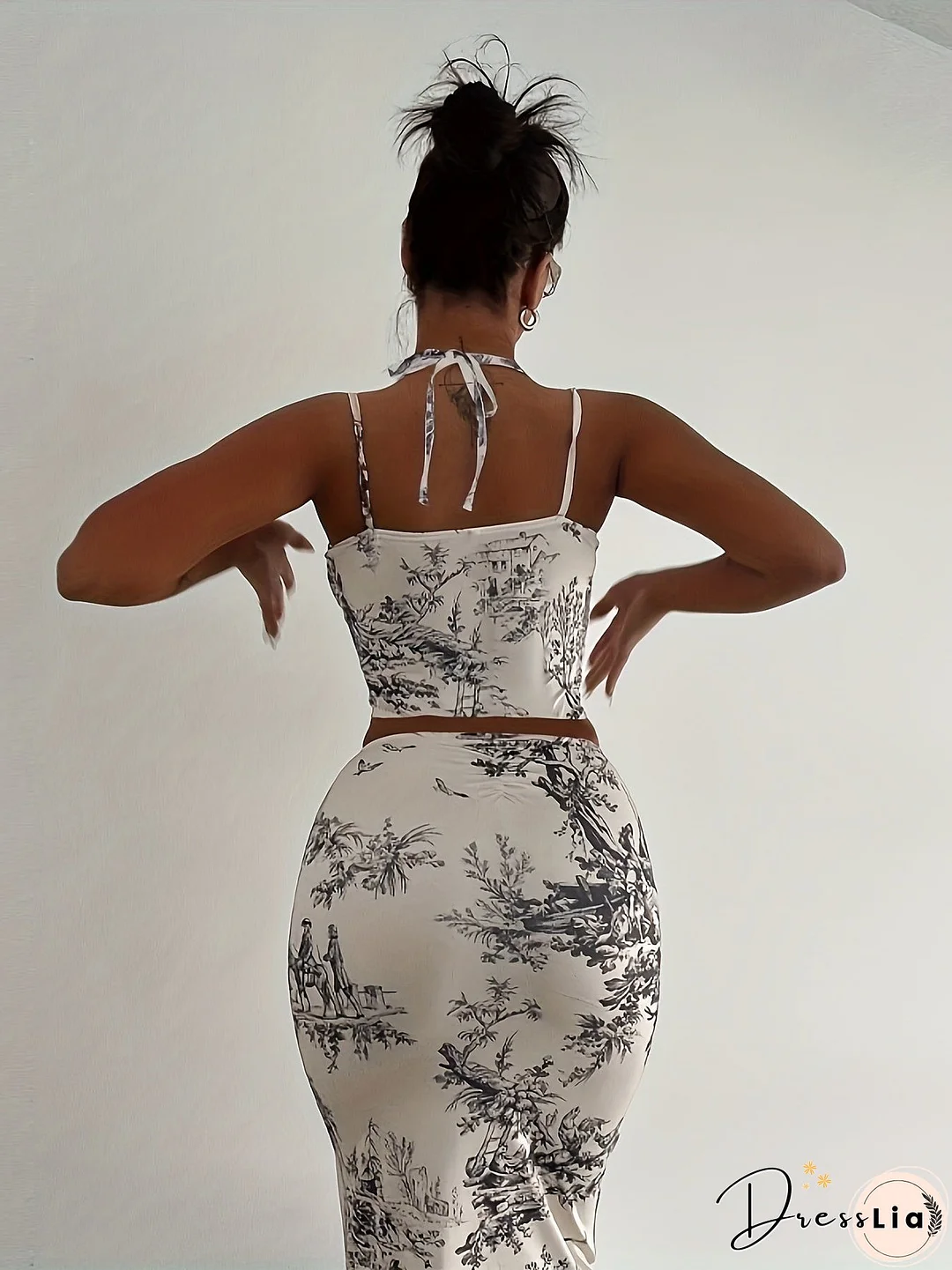 Graphic Print Matching Two-piece Set, Sexy Sleeveless Top & Bodycon Skirt Outfits, Women's Clothing