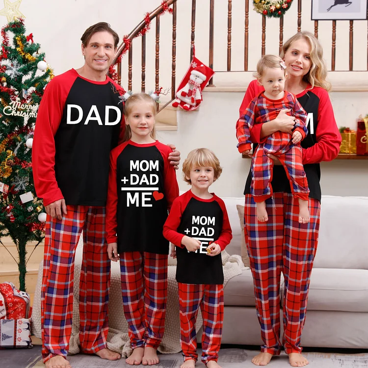 Mom Dad & Me Christmas Red Plaid Family Matching Pajamas Sets(Black)
