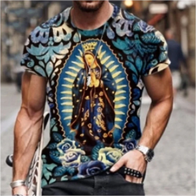 Vintage Cross Virgin Mary Jesus Pattern Crew Neck Summer Mens T-shirts at Hiphopee