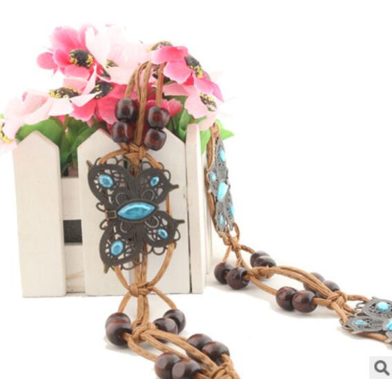 Korean Retro Bohemian Ladies Braided Waist Rope Metal Sun Flower Rhinestone Inlaid Wood Bead Decoration Waist Chain