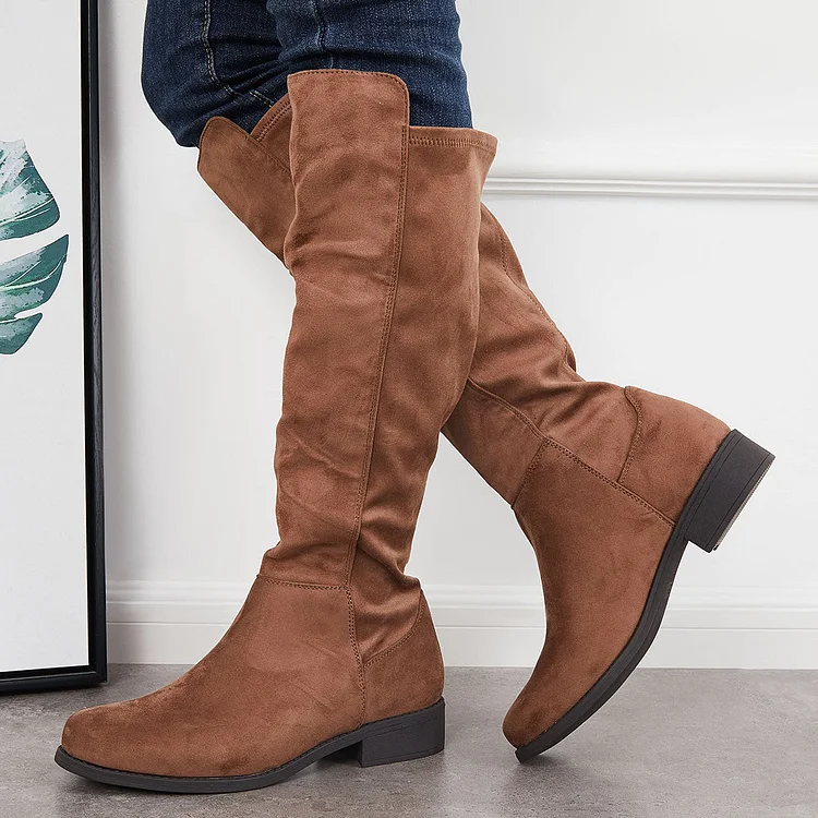 Round Toe Knee High Stretchy Tall Boots Block Low Heel Riding Boots