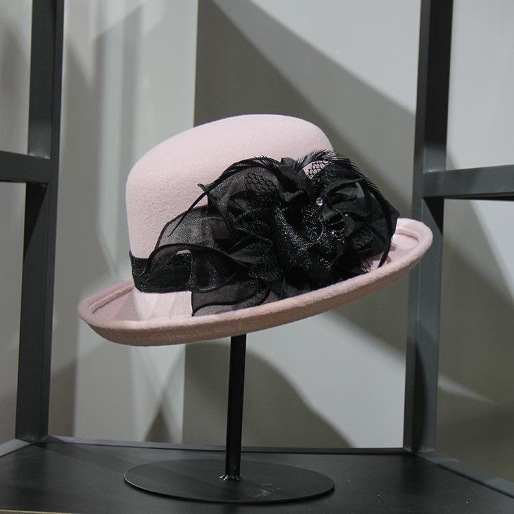 Autumn Winter Fashion Elegant Dome Ladies Woolen Hat Feather Mesh Gauze Flower Felt Hat