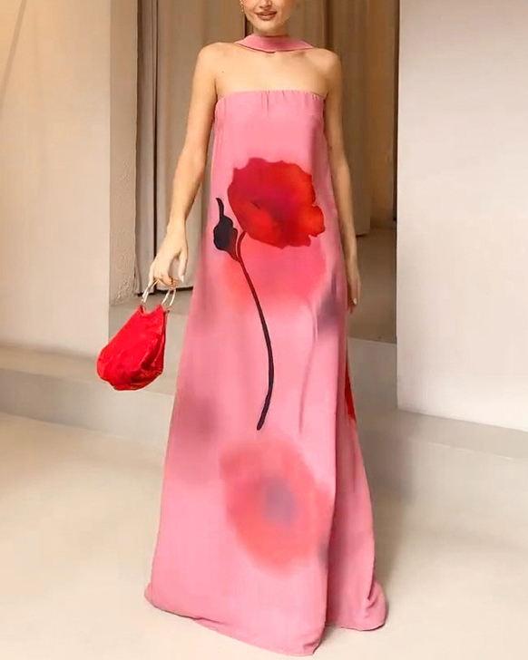 Flower Print Strapless Scarf Maxi Dress