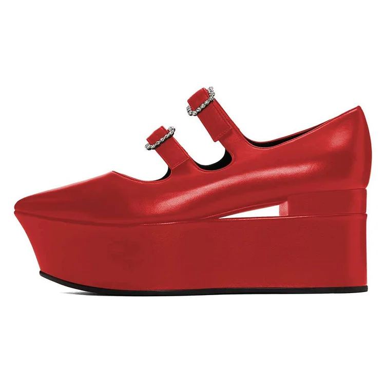 Red Mary Jane Buckles Platform Heel Pumps |FSJ Shoes