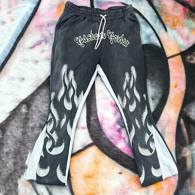 Stylish Street Flame Print Flare Sweatpants