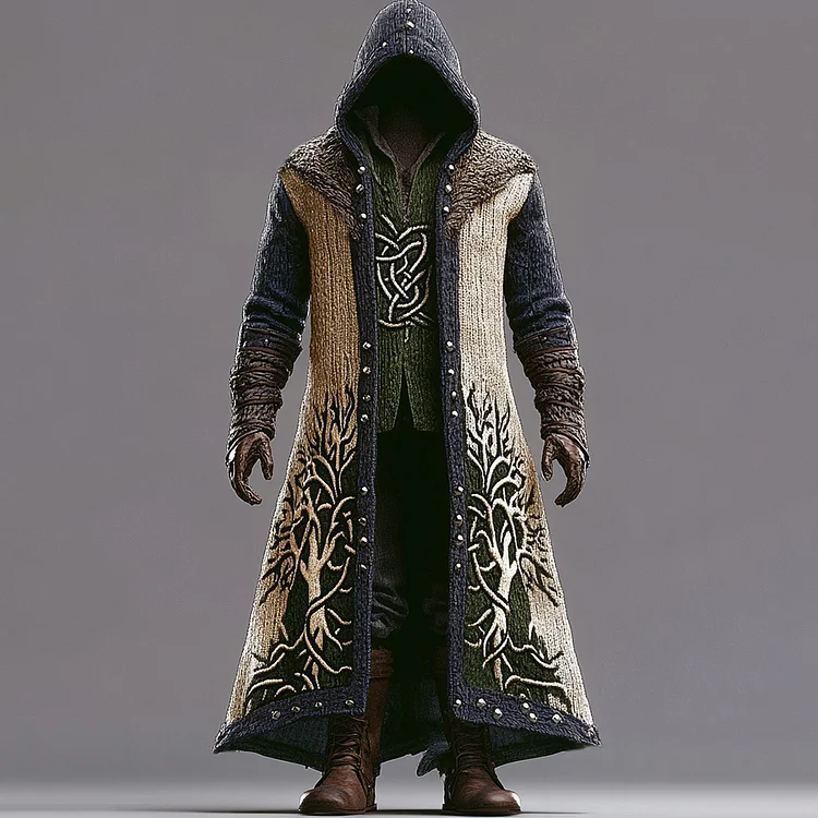 Men's Viking Contrast Color Tree Of Life Embroidered Knit Hooded Coat