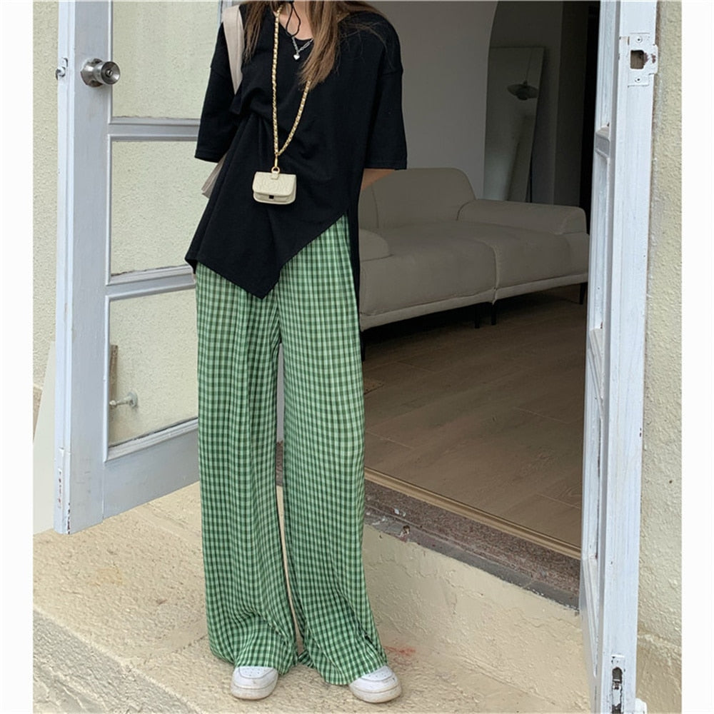 Llyge Plaid Split High Waist Women Trousers Thin Summer Loose New Casual Chic 2024 OL Streetwear Straight Hot Wide Leg Pants llyge