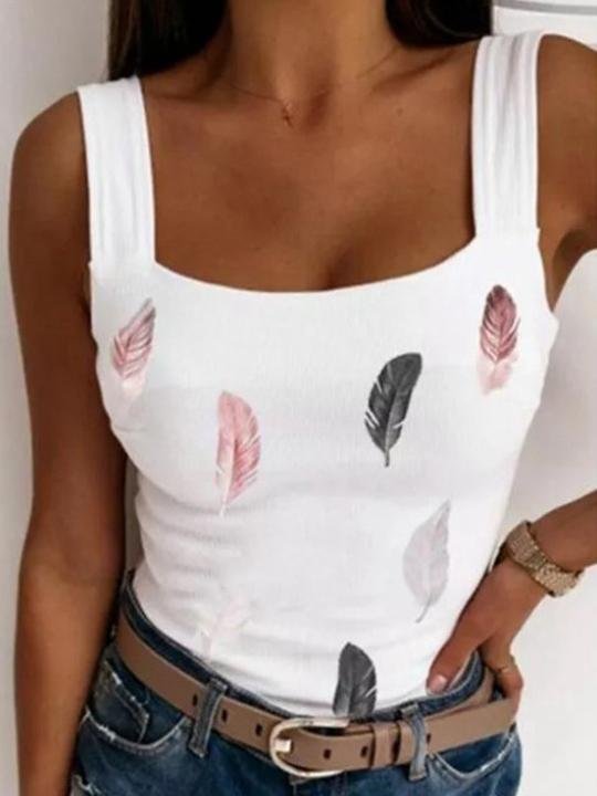 Casual Round Neck Feather Print Camisole